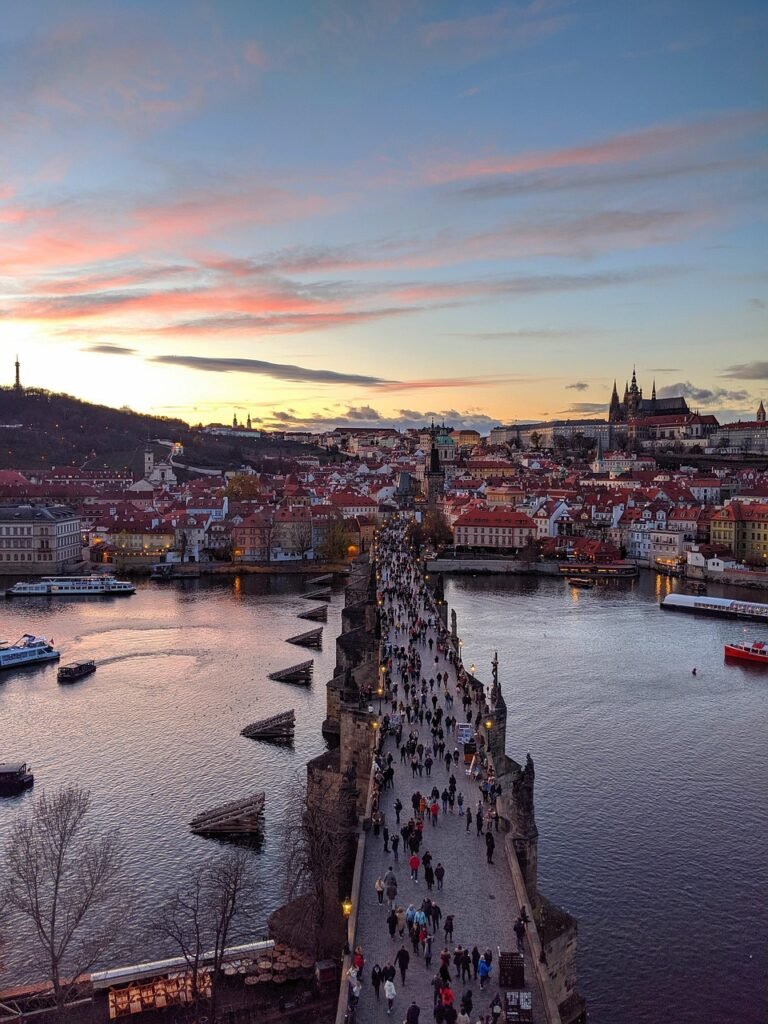 prague, charles bridge, people, bridge, city view, old city, tourists, tourism, sunset, nature, europe, river