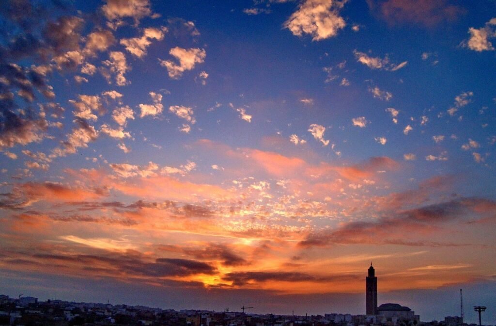 casablanca, morocco, africa, mosque, the minaret, hassan ii, the hassan ii mosque, sunset, sky, clouds, beauty, sea, ocean, atlantic, minaret, hassan ii mosque, nature, maroc, afrique, mosquée, la mosquée hassan ii, coucher de soleil, ciel, nuages, beauté, mer, océan, l'atlantique